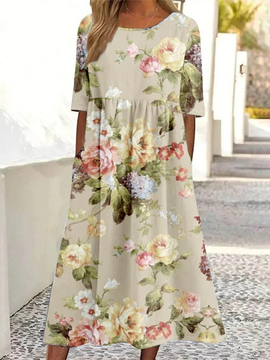Midi-jurk met Ronde Hals en Korte Mouwen in Khaki Bloemenprint