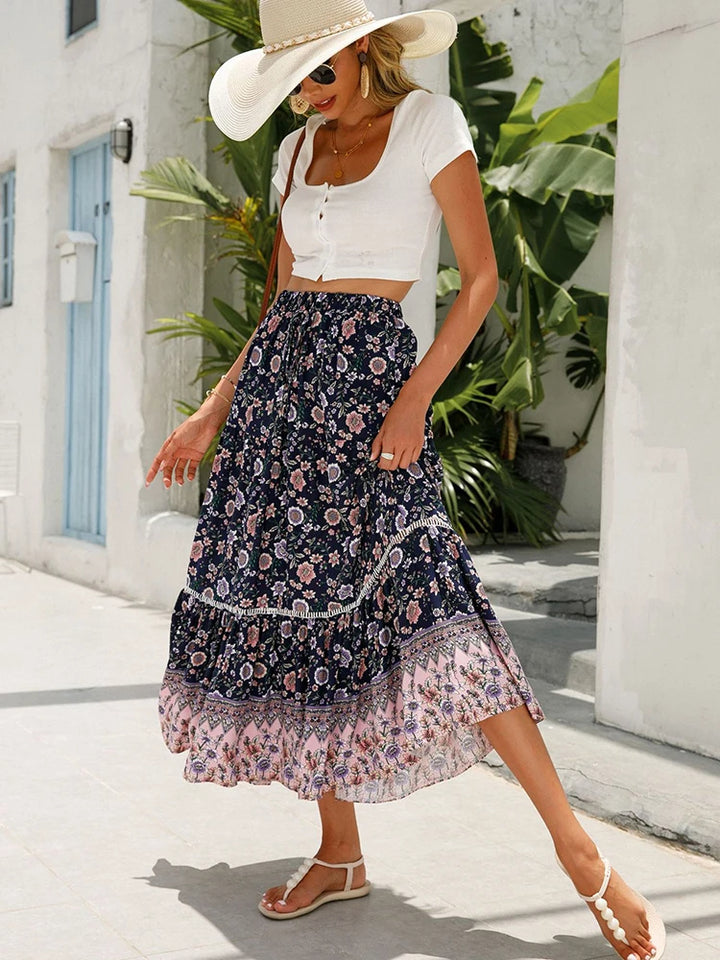 Liora – Retro Zomers Rok met Print en Ruches