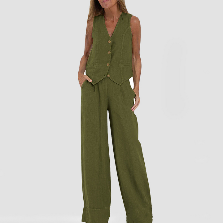 Zomerse Mouwloze V-hals Vest en Losse Rechte Broek