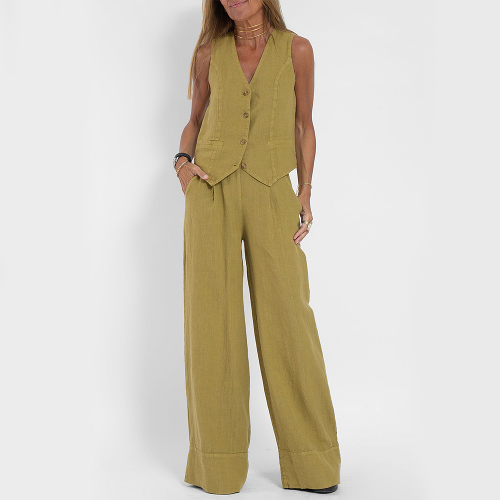 Zomerse Mouwloze V-hals Vest en Losse Rechte Broek