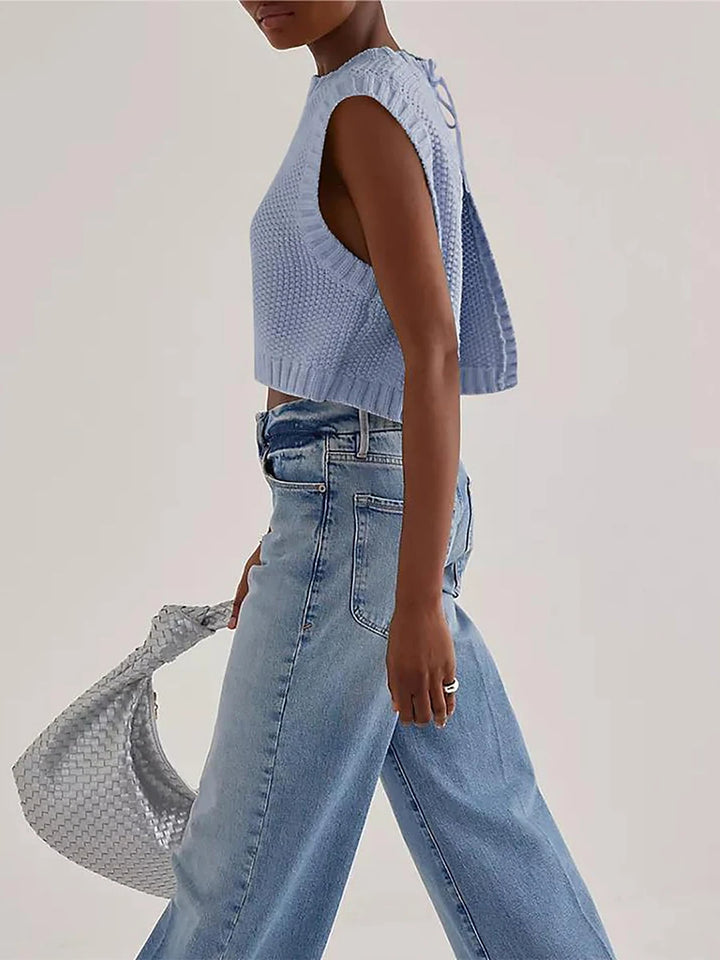 Combhasaki – Y2K Gebreid Mouwloos Vest met Open Rug en Strikdetail