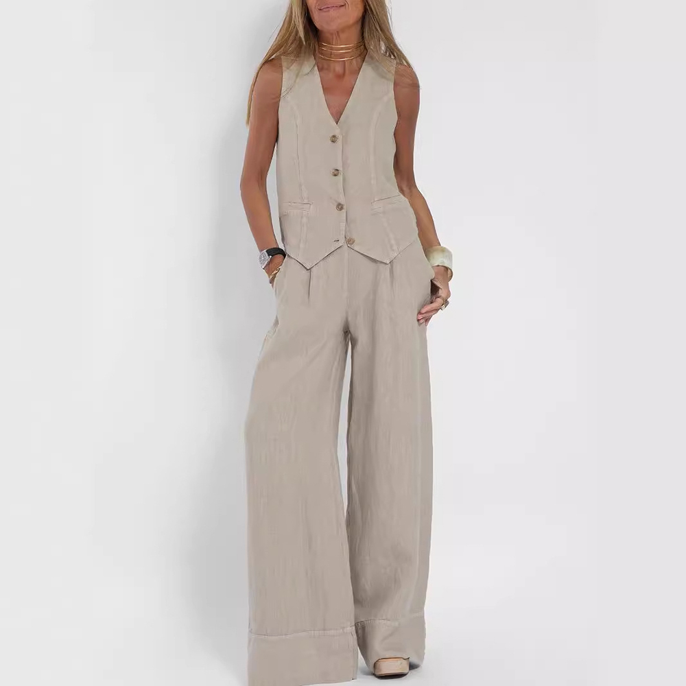 Zomerse Mouwloze V-hals Vest en Losse Rechte Broek