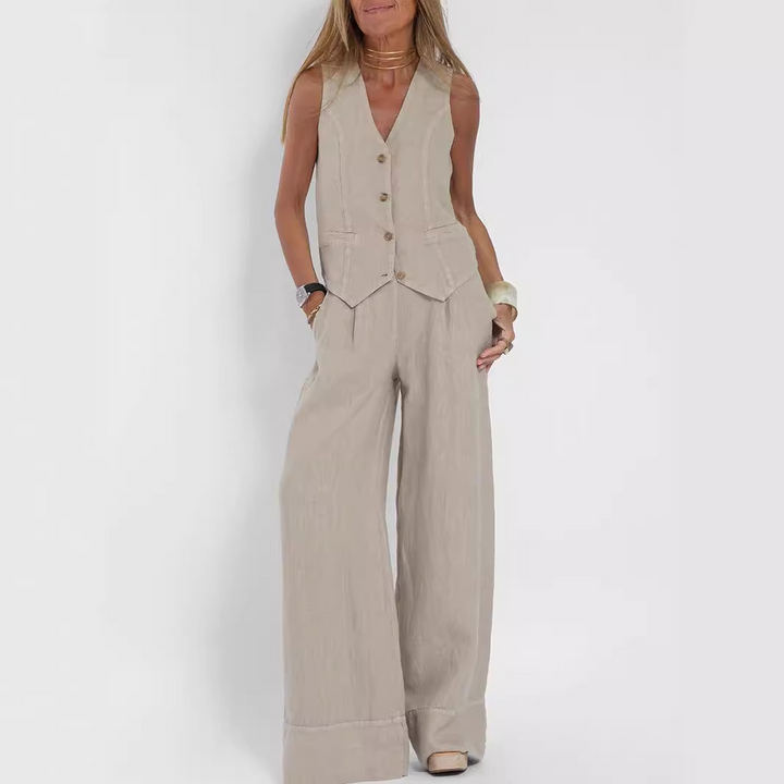 Zomerse Mouwloze V-hals Vest en Losse Rechte Broek