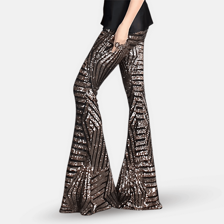 Dames flared broek met pailletten en hoge taille