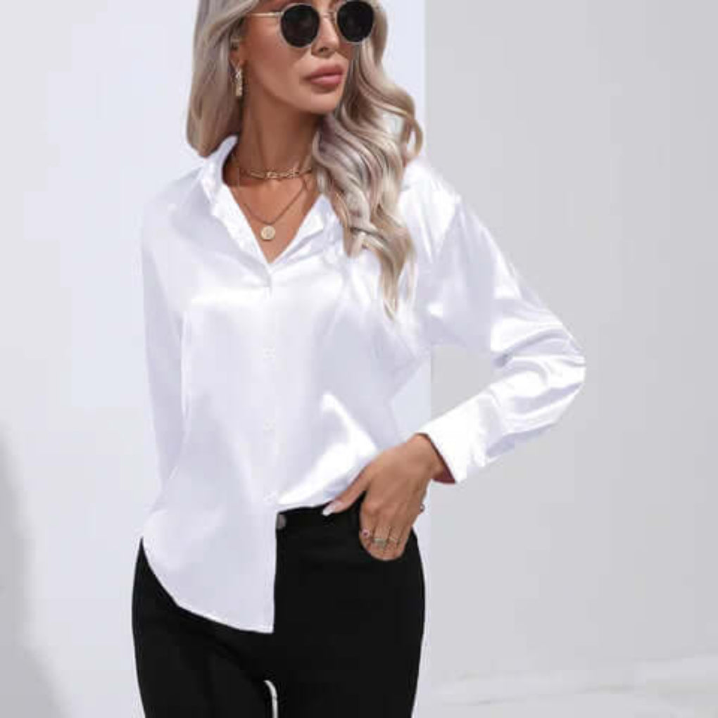Dames satijnen blouse met lange mouwen en losse pasvorm