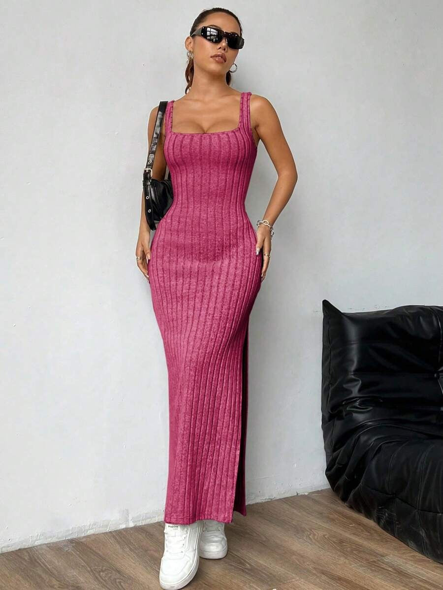 Casual Maxi Jurk met Vierkante Hals en Split