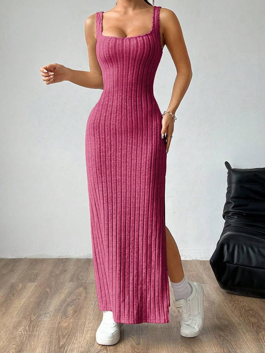 Casual Maxi Jurk met Vierkante Hals en Split