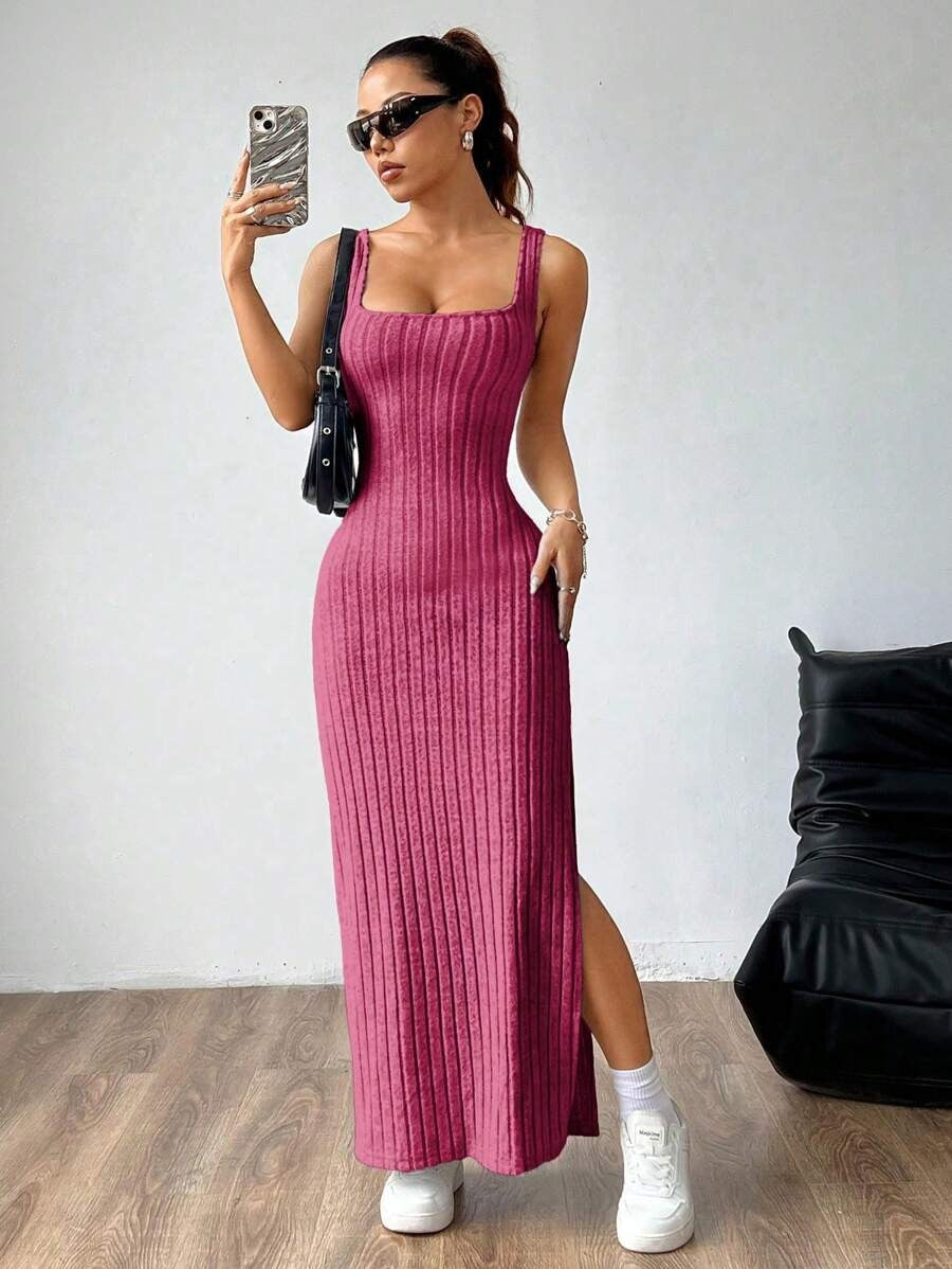 Casual Maxi Jurk met Vierkante Hals en Split