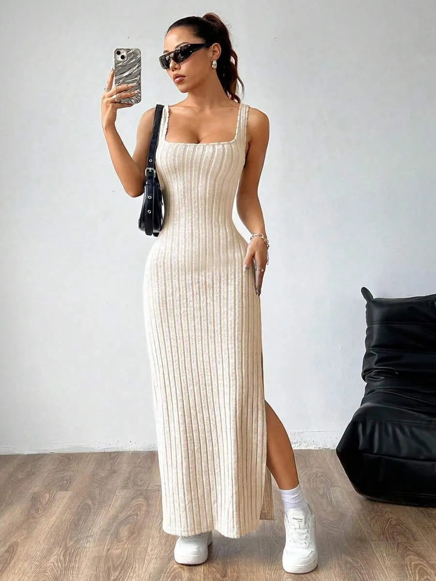 Casual Maxi Jurk met Vierkante Hals en Split