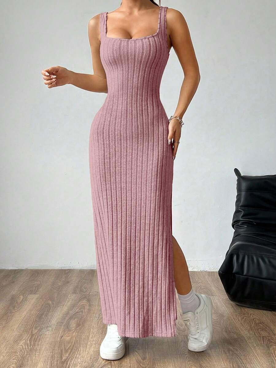 Casual Maxi Jurk met Vierkante Hals en Split