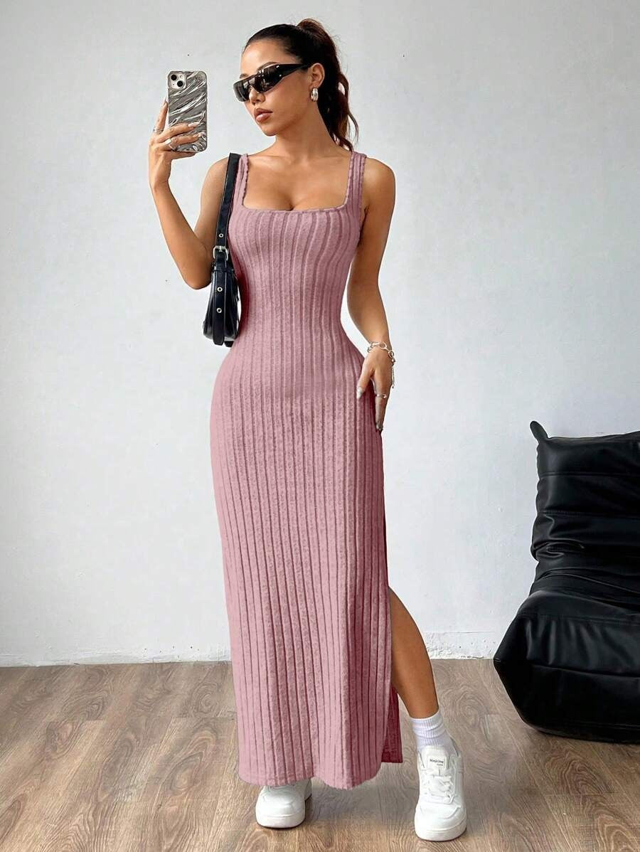 Casual Maxi Jurk met Vierkante Hals en Split