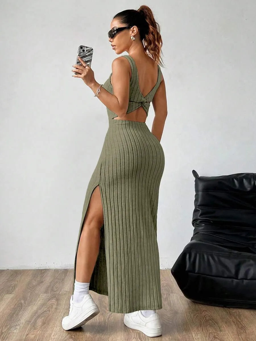 Casual Maxi Jurk met Vierkante Hals en Split