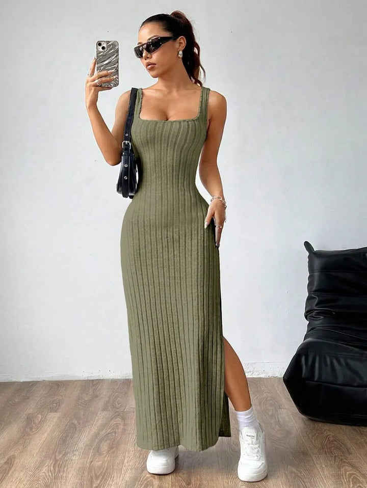 Casual Maxi Jurk met Vierkante Hals en Split
