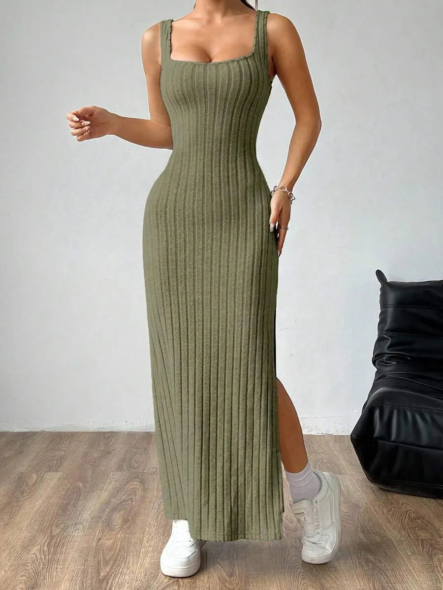 Casual Maxi Jurk met Vierkante Hals en Split