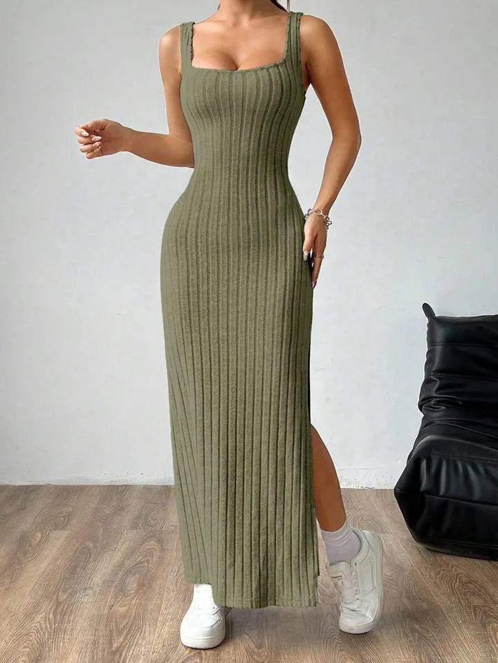 Casual Maxi Jurk met Vierkante Hals en Split