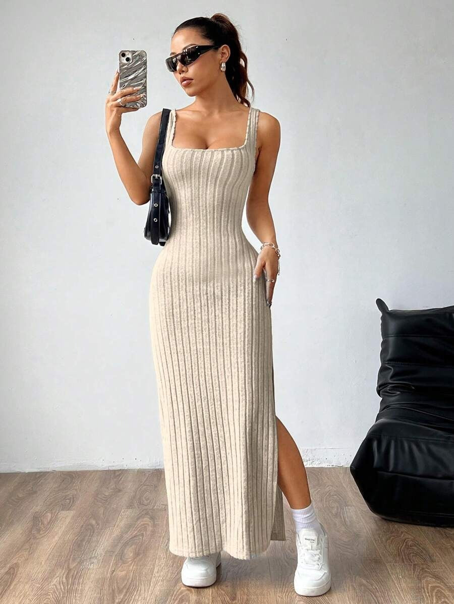 Casual Maxi Jurk met Vierkante Hals en Split