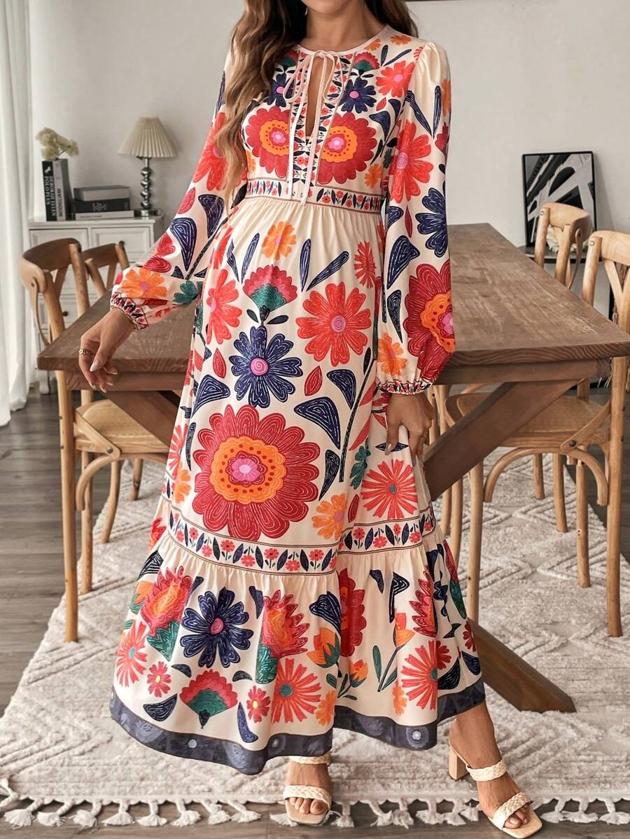 Zwangerschapsjurk met Plantenprint en Striksluiting