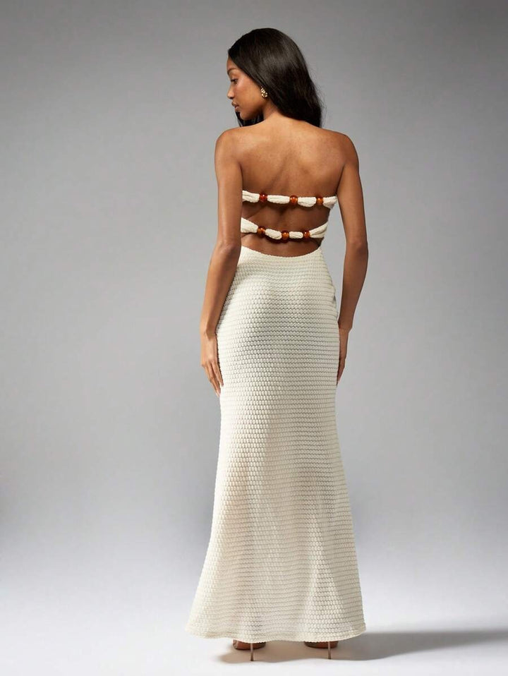 Gehaakte Bandeau Maxi Jurk met Kralen en Cut-Out Rug