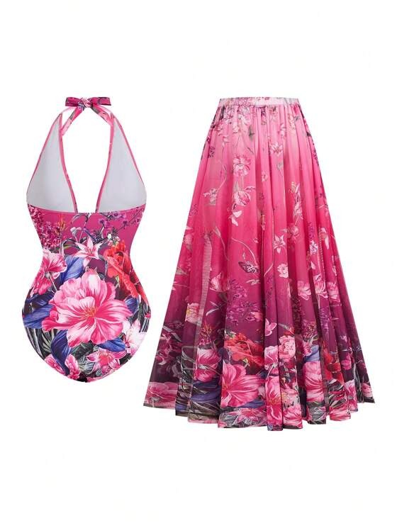 Romantisch Badpak met Bloemenprint en Omslagrok