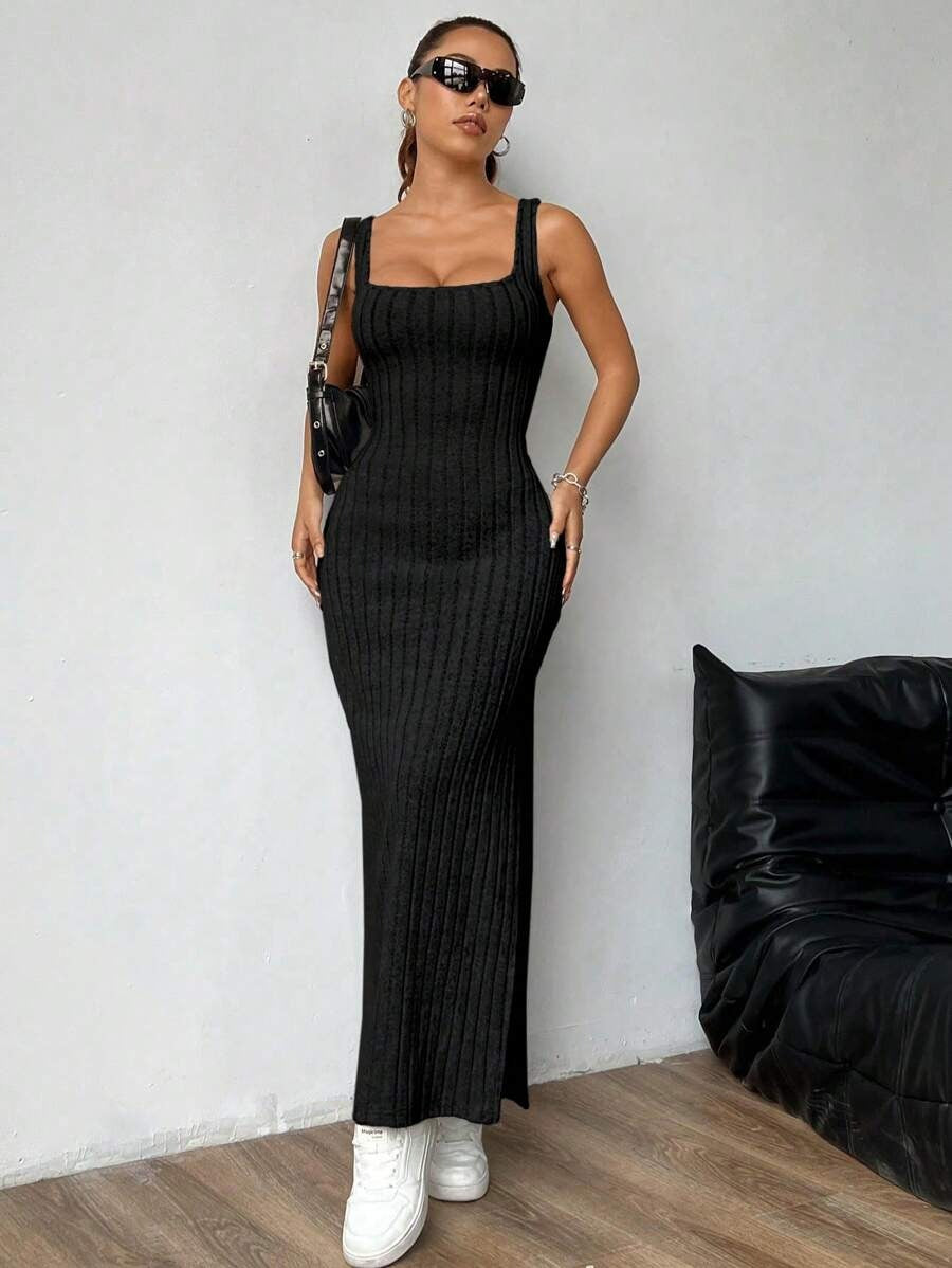 Casual Maxi Jurk met Vierkante Hals en Split