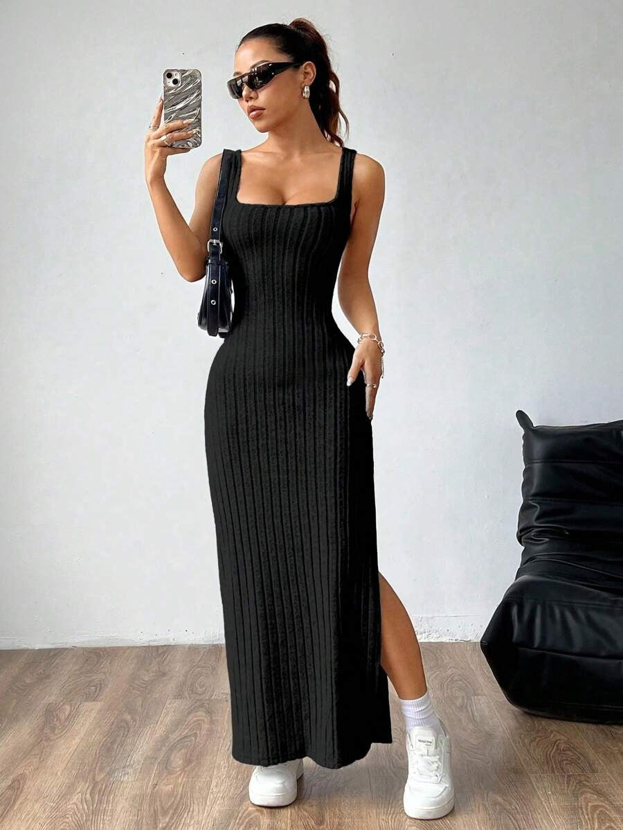Casual Maxi Jurk met Vierkante Hals en Split