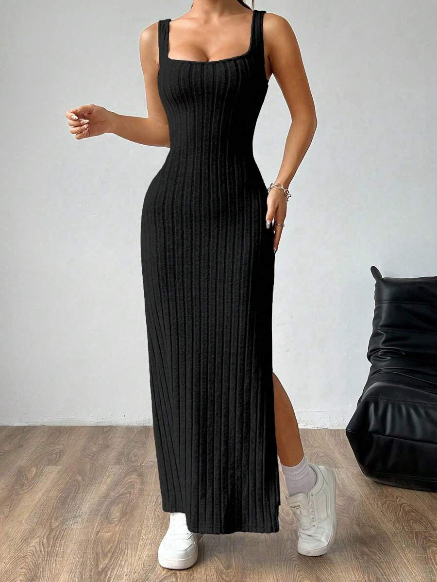 Casual Maxi Jurk met Vierkante Hals en Split