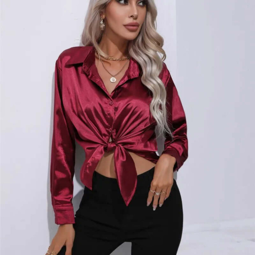 Dames satijnen blouse met lange mouwen en losse pasvorm