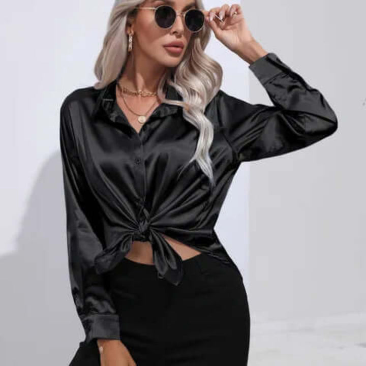 Dames satijnen blouse met lange mouwen en losse pasvorm
