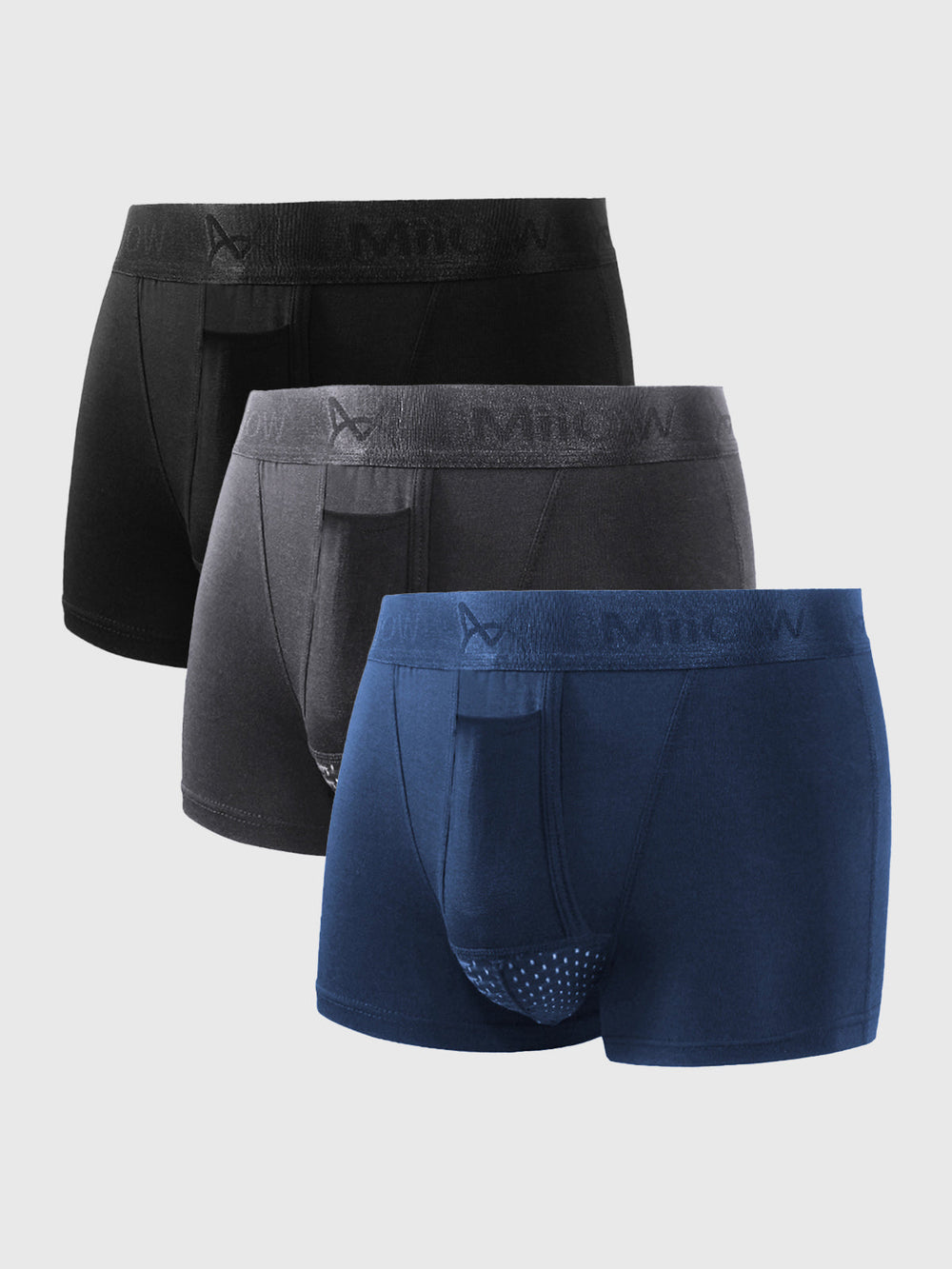 Drie herenboxershorts in zwart, grijs en blauw, gemaakt van ademend katoen met comfortabele tailleband. Ideaal voor dagelijks gebruik.