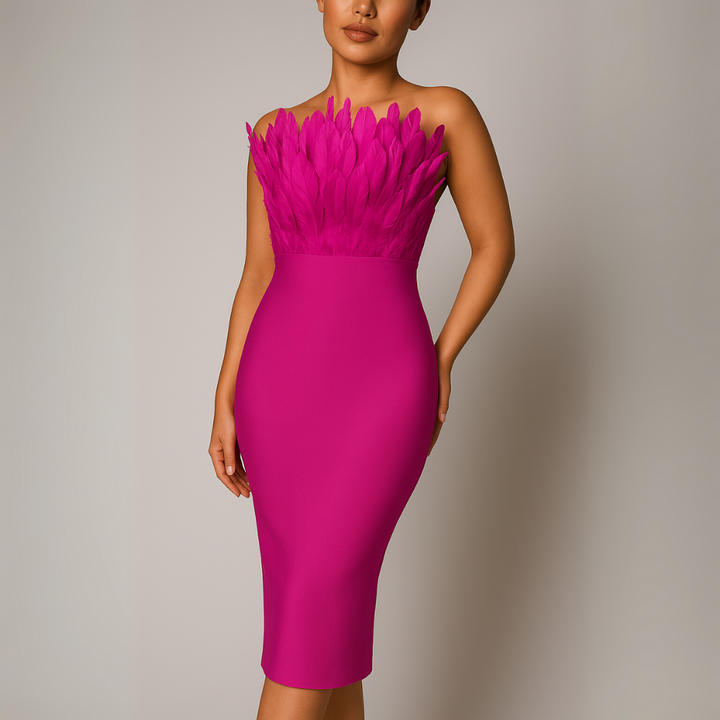 Strapless midi-jurk voor dames met verenversiering