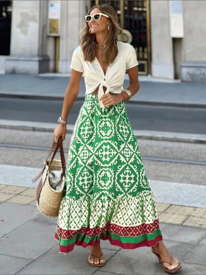 Liora – Retro Zomers Rok met Print en Ruches