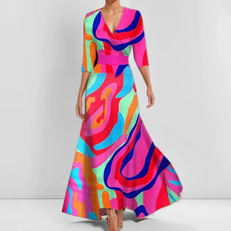 V-Hals Maxi Jurk met Print en Zakken