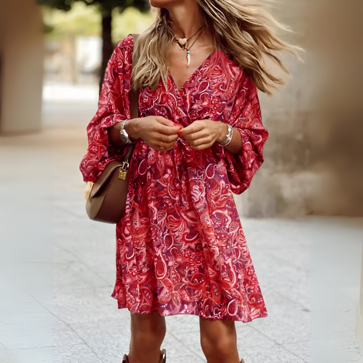 Rode Boho Jumpsuit met Bloemenprint en Open Rug