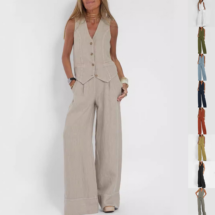 Zomerse Mouwloze V-hals Vest en Losse Rechte Broek