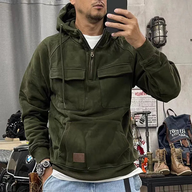 Retro Motor Hoodie voor Heren met Stoere Look en Praktische Details