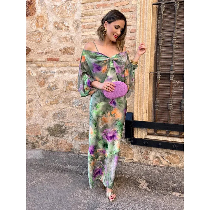 Tie Dye Maxi Strandjurk met Open Rug en Lange Mouwen