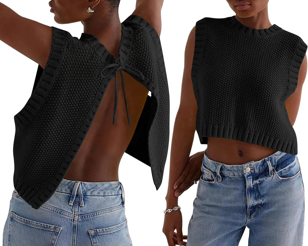 Combhasaki – Y2K Gebreid Mouwloos Vest met Open Rug en Strikdetail