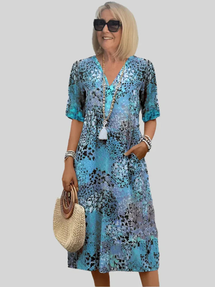 Vintage Print Jurk met Kant en V-Hals