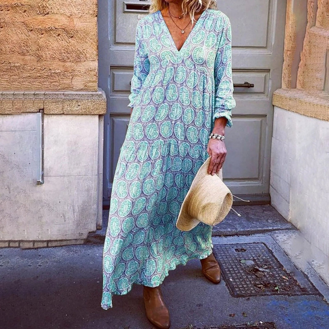 Liora – Maxi Zomerjurk met Geometrische Print en Boho-uitstraling