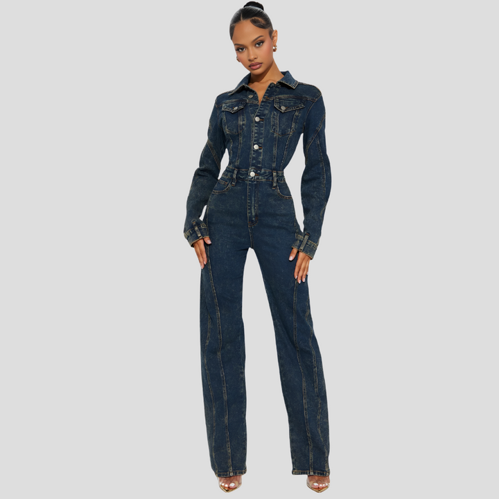 Spijker Jumpsuit met Rechte Pijpen en Lange Mouwen