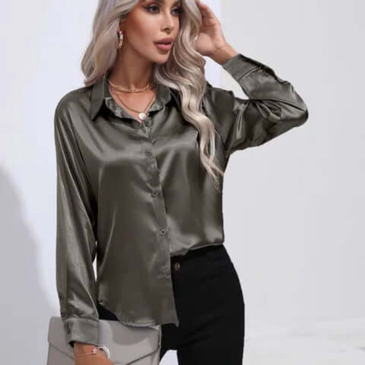 Dames satijnen blouse met lange mouwen en losse pasvorm