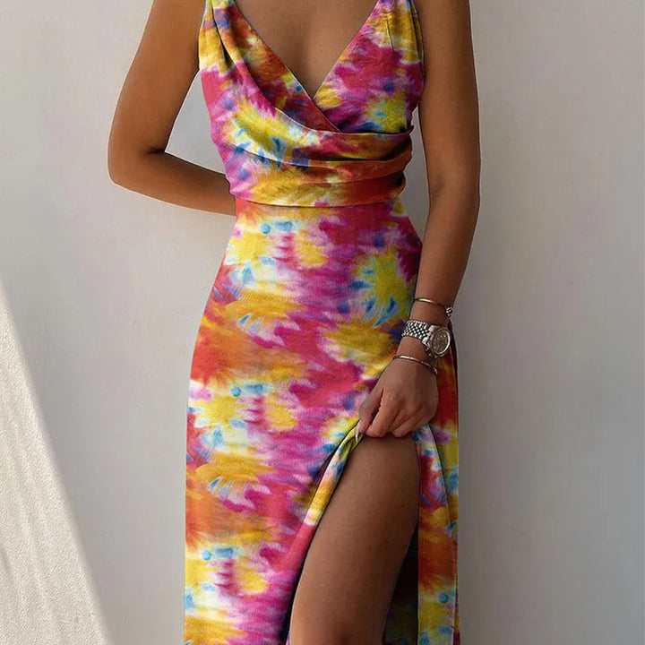V-hals Zomerjurk met Split en Spaghettibandjes