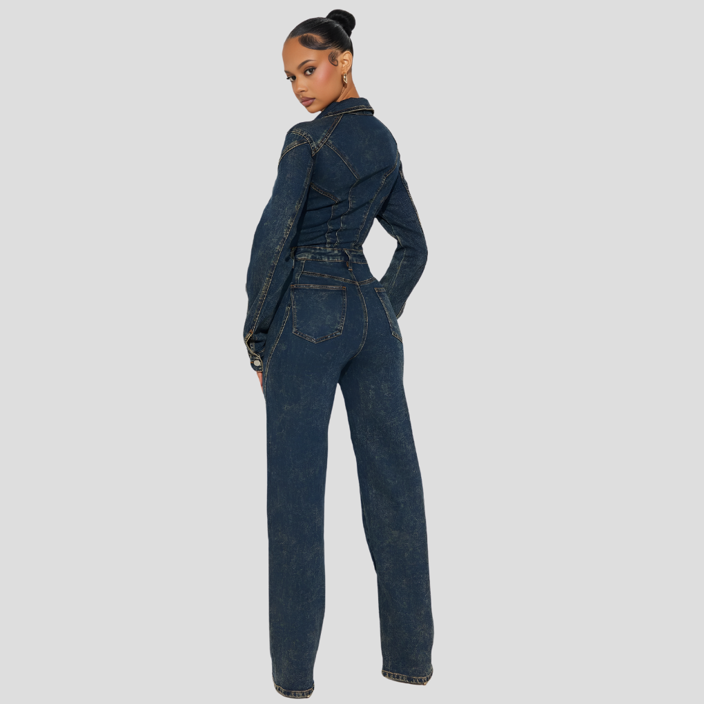Spijker Jumpsuit met Rechte Pijpen en Lange Mouwen