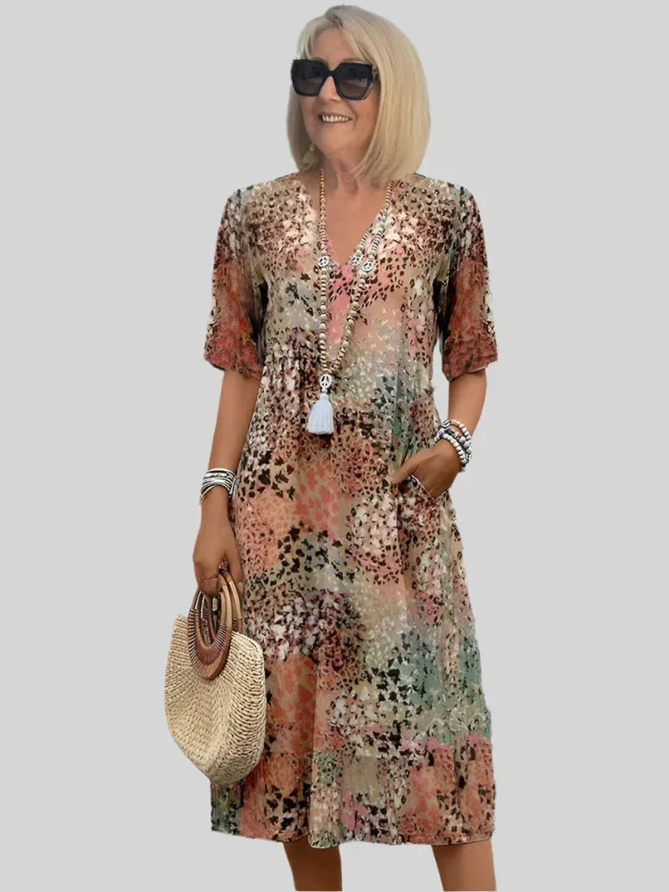 Vintage Print Jurk met Kant en V-Hals