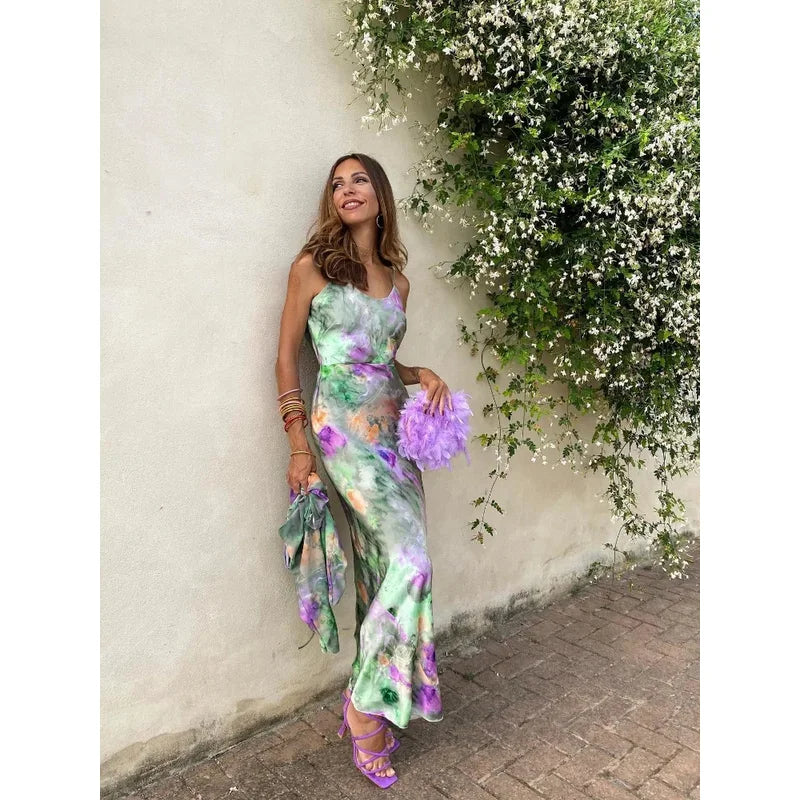 Tie Dye Maxi Strandjurk met Open Rug en Lange Mouwen