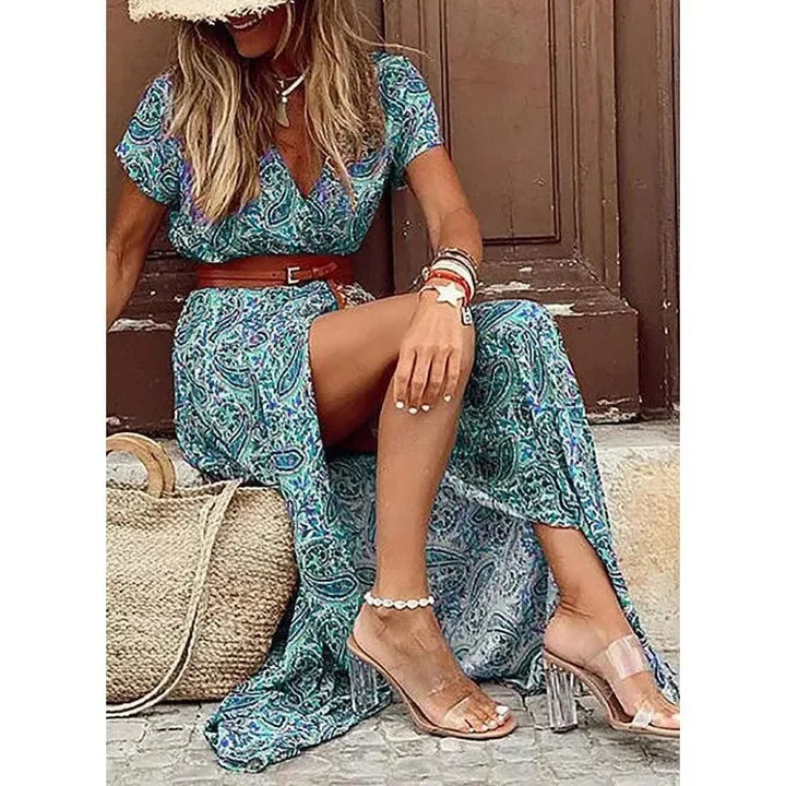 Zomerse Boho Jurk met Bloemenprint en V-Hals