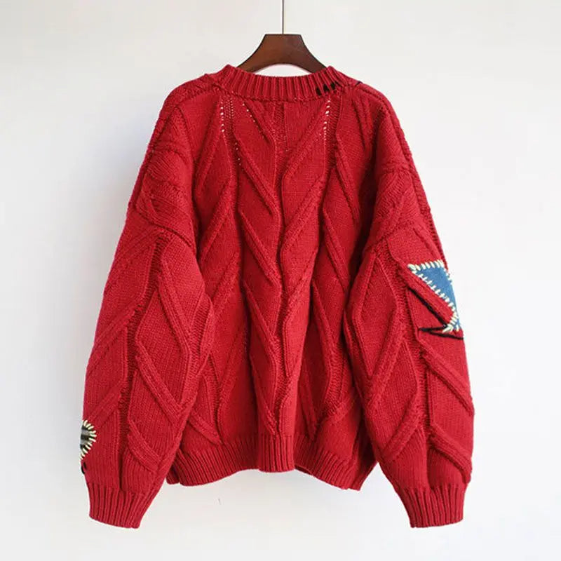 Gebreid Damesvest met Patchwork Borduursel en V-hals