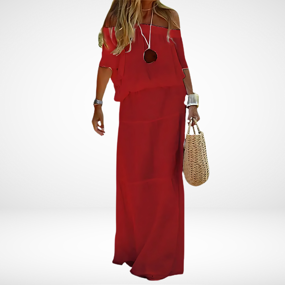 Elegante Witte Maxi Strandjurk met Off-Shoulder Design