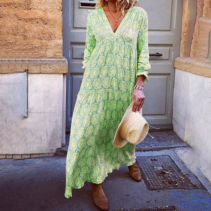 Liora – Maxi Zomerjurk met Geometrische Print en Boho-uitstraling
