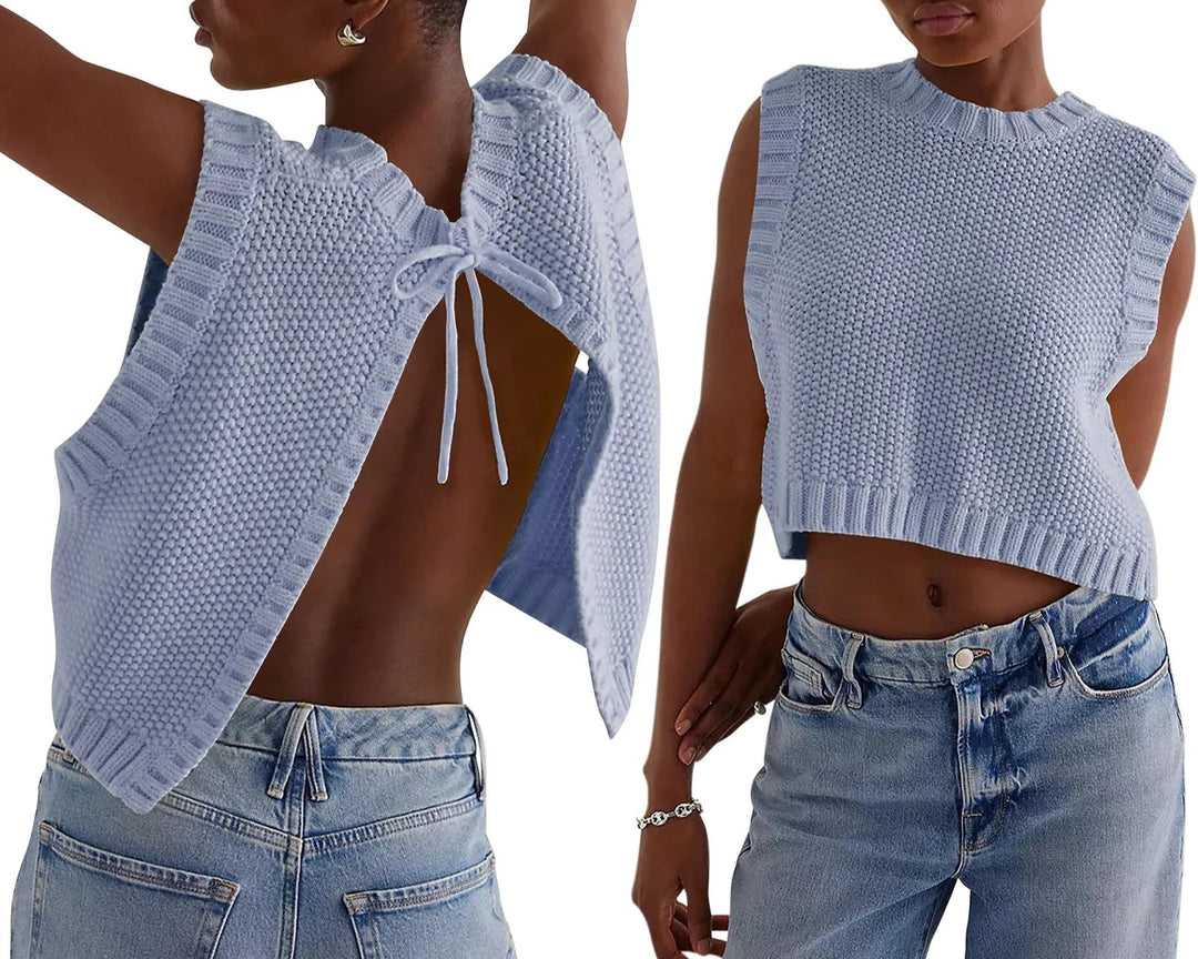 Combhasaki – Y2K Gebreid Mouwloos Vest met Open Rug en Strikdetail